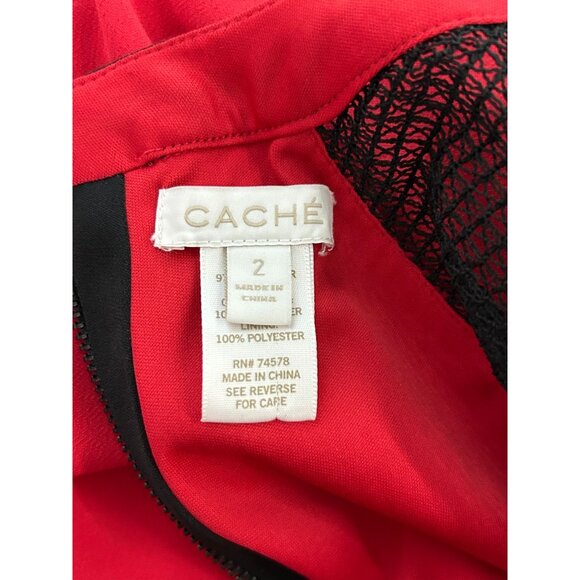 Cache Womens Red/Black Mesh Cap Sleeve Bodycon Dress Size 2 Beautiful Work Dress - Picture 3 of 10